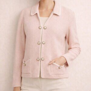 Castleberry London Vintage Pink Knit Lady Jacket White Trim Size 12
